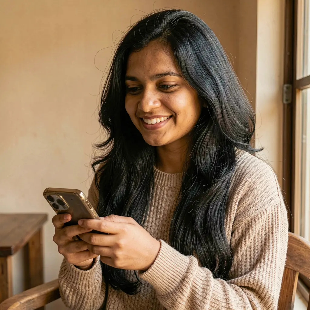 QQ777 BD App – Enjoy a smooth and user friendly mobile casino experience in Bangladesh Stylish Bangladeshi woman smiling while using the QQ777 BD mobile casino app on her smartphone in a modern indoor setting